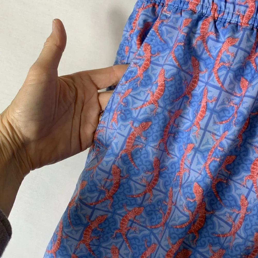 Peter Millar Men's Blue Orange All-Over Lizard Print Swim Shorts Size XL